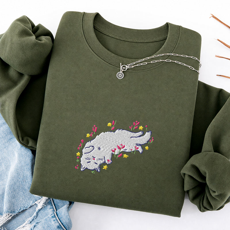 Embroidered Floral Playing Cat Classic Crewneck Sweatshirt