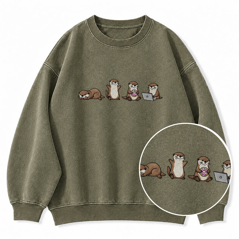 Embroidered Sea Otters Washed Crewneck Sweatshirt