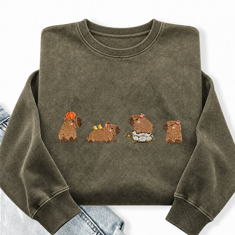 Embroidered Cute Capybara Washed Crewneck Sweatshirt