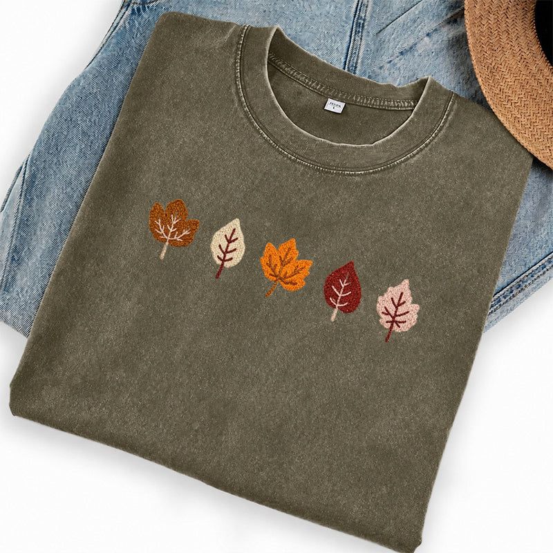 Embroidered Fall Leaves Washed Crew Neck T-Shirt