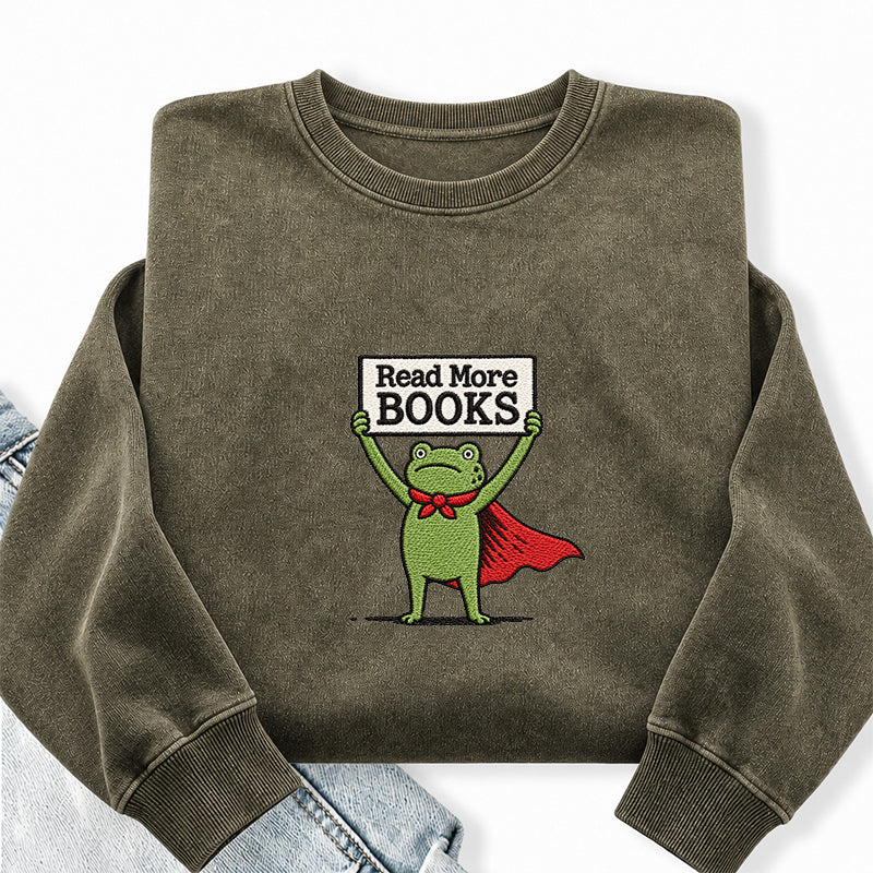 Embroidered Read More Books Frog Washed Crewneck Sweatshirt