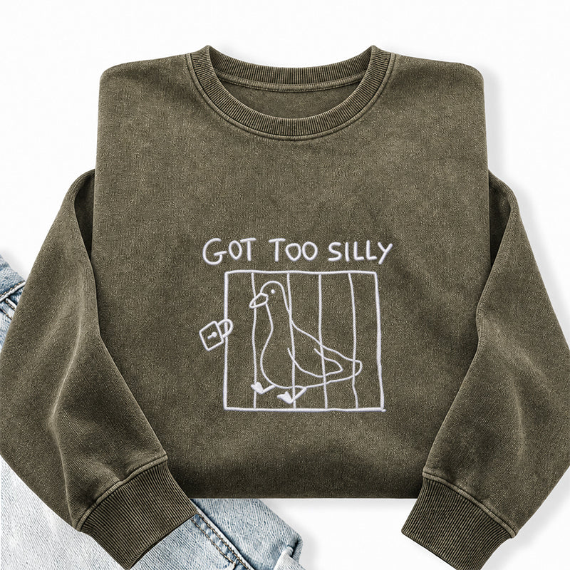 Embroidered Goose Got Too Silly Washed Crewneck Sweatshirt