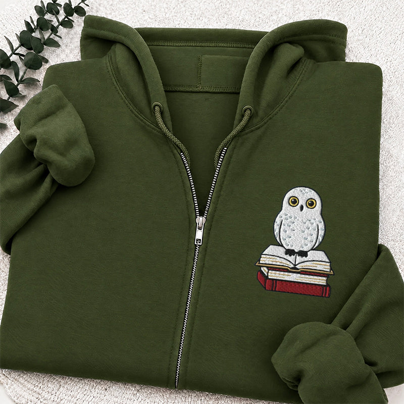 Embroidered Snow Owl On Bookstack Classic Full Zip Hoodie