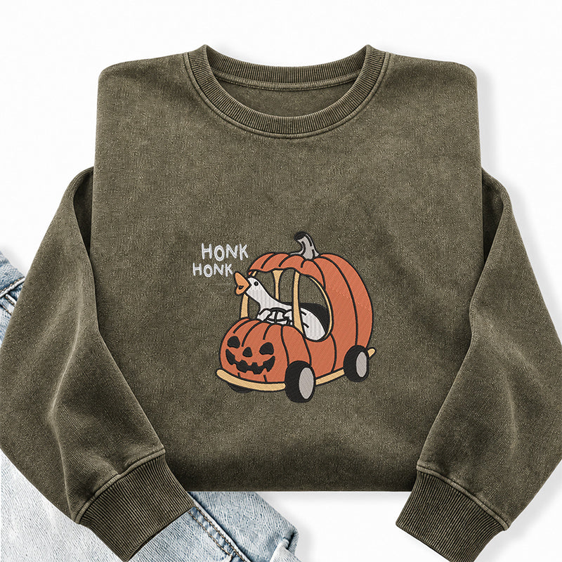 Embroidered Halloween Goose Honk Washed Crewneck Sweatshirt