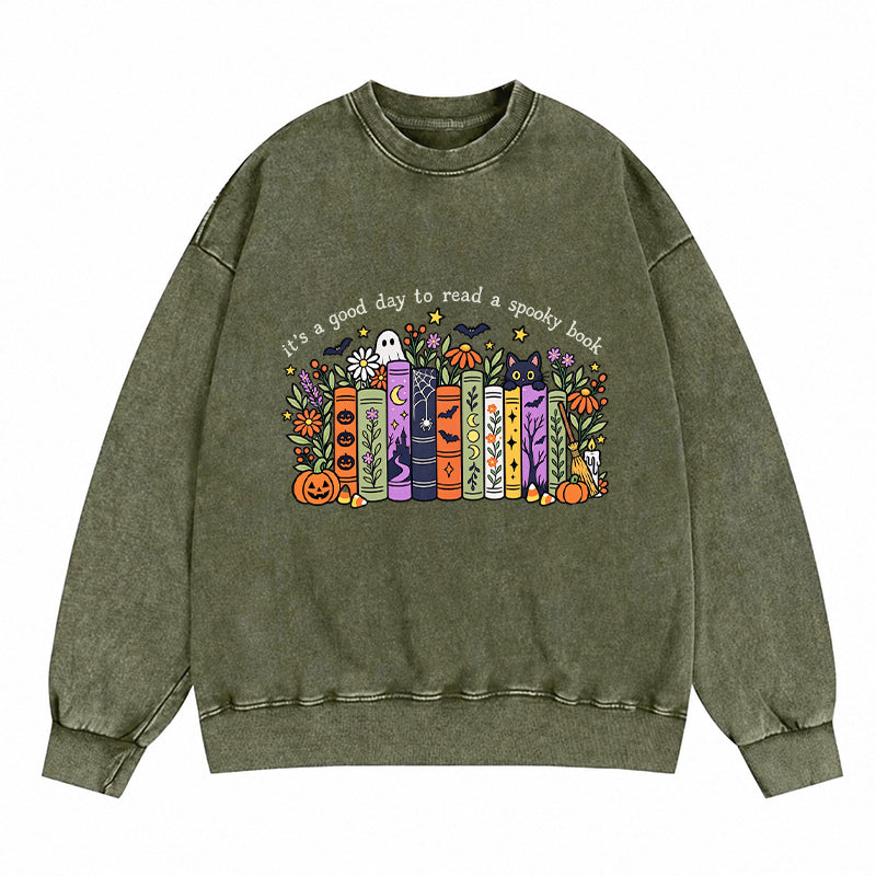 It's a Good Day to Read a Spooky Book Washed Crewneck Sweatshirt