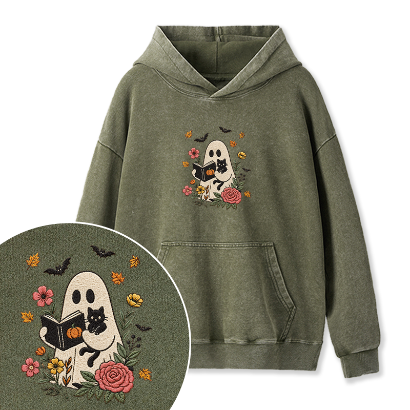 Embroidered Floral Ghost Reading Washed Hoodie