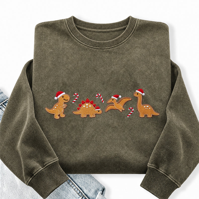 Embroidered Gingerbread Dinosaur Washed Crewneck Sweatshirt