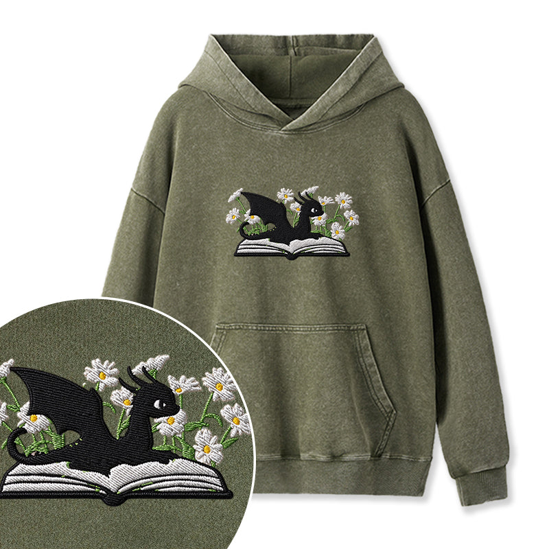Embroidered Floral Dragon Book Washed Hoodie