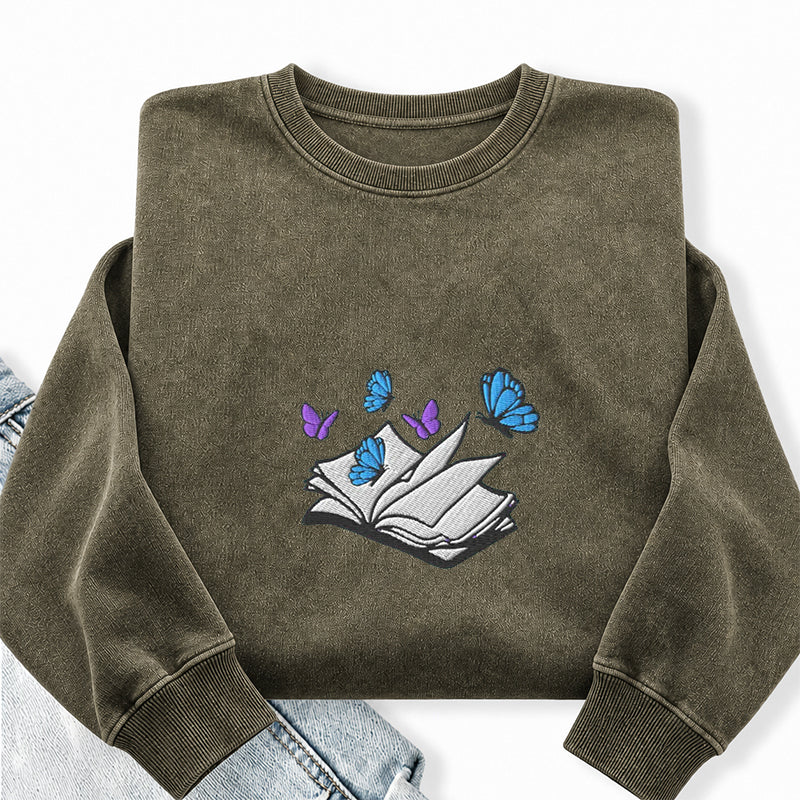 Embroidered Open Book With Butterflies Washed Crewneck Sweatshirt