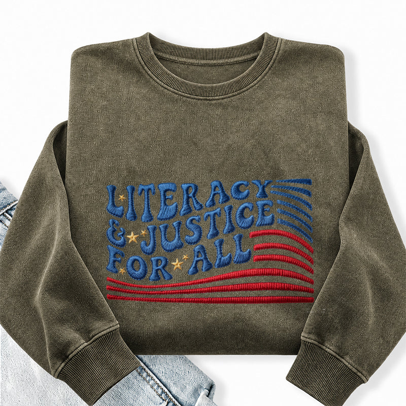 Embroidered Literacy And Justice For All Washed Crewneck Sweatshirt