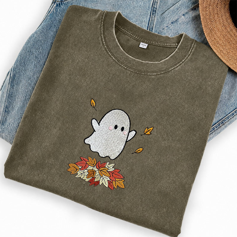 Embroidered Fall Ghost Washed Crew Neck T-Shirt