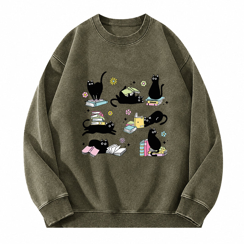 Book And Black Cats Washed Crewneck Sweatshirt