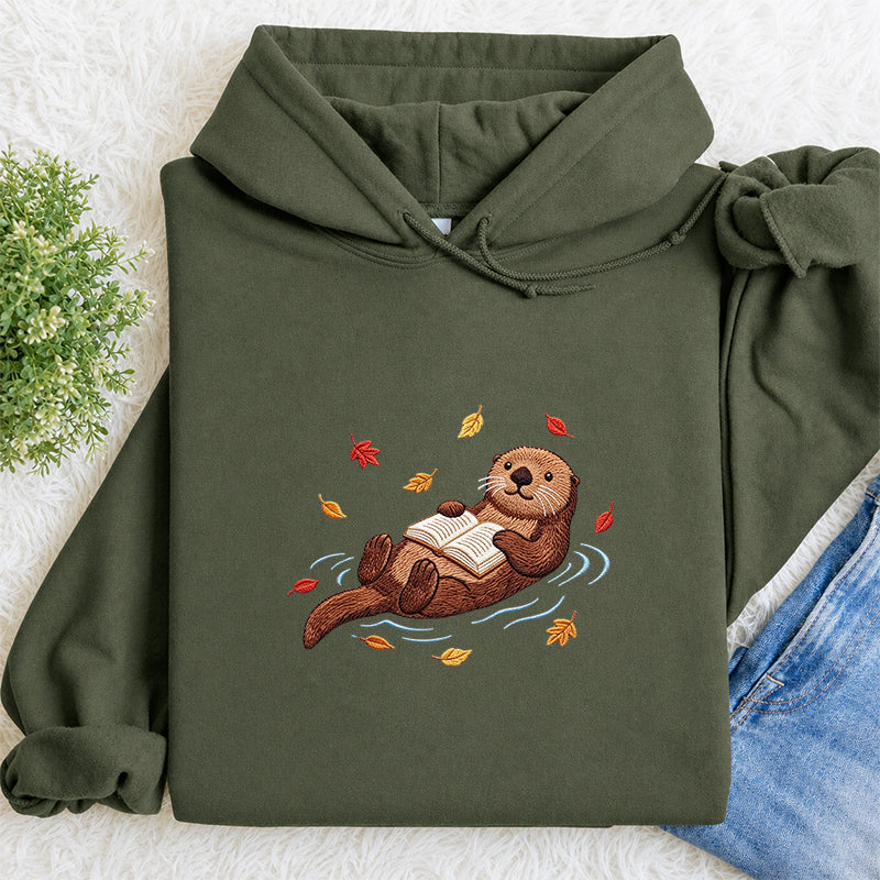Embroidered Otter Reading Books Classic Adult Unisex Hoodie