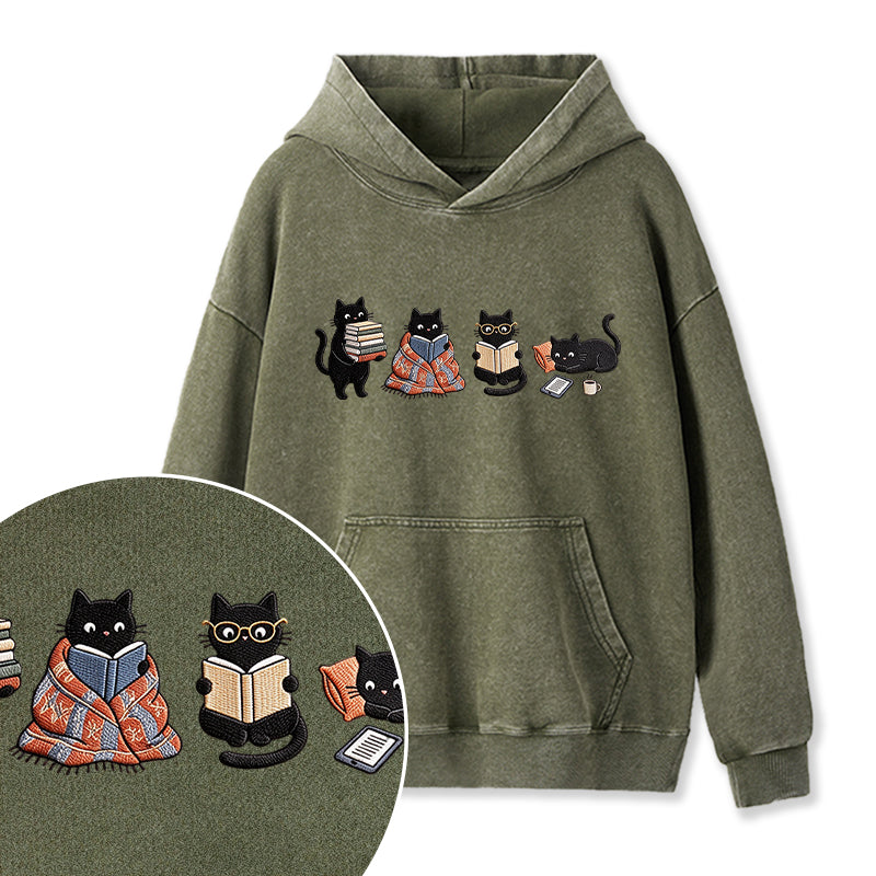 Embroidered Bookish Black Cats Washed Hoodie