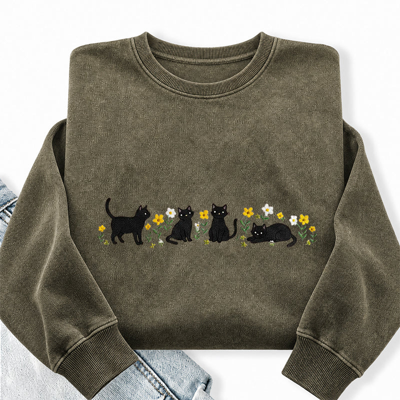 Embroidered Floral Black Cat Washed Crewneck Sweatshirt