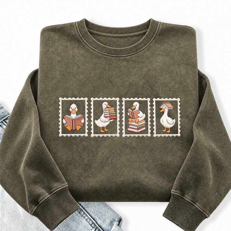 Embroidered Goose Reading Stamp Washed Crewneck Sweatshirt