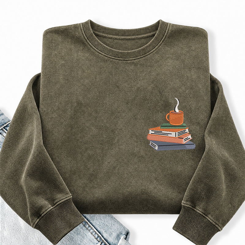 Embroidered Book And Coffee Washed Crewneck Sweatshirt