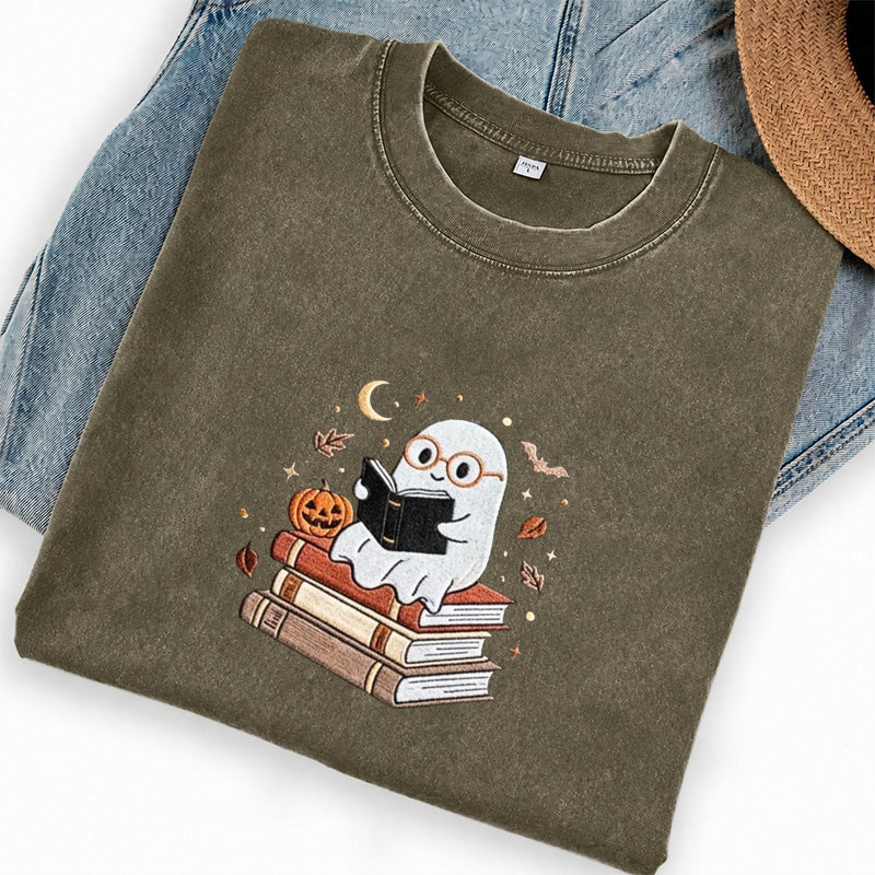 Embroidered Ghost Reading Books Washed Crew Neck T-Shirt