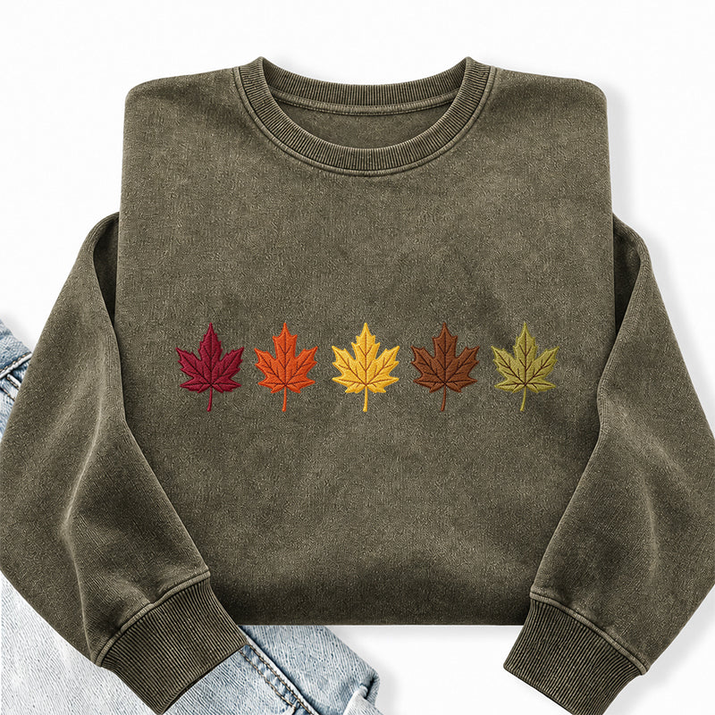 Embroidered Fall Maple Leaves Washed Crewneck Sweatshirt
