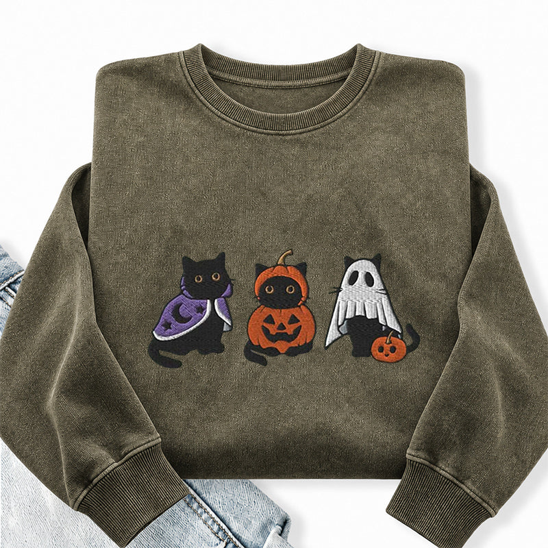 Embroidered Funny Halloween Black Cats Washed Crewneck Sweatshirt