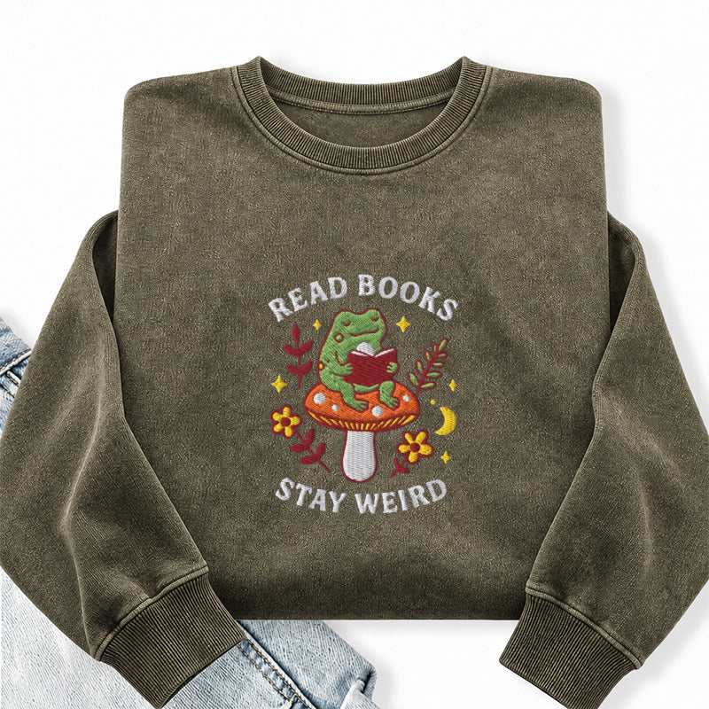 Embroidered Read Books Stay Weird Washed Crewneck Sweatshirt