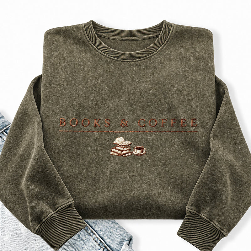 Embroidered Book & Coffee Washed Crewneck Sweatshirt