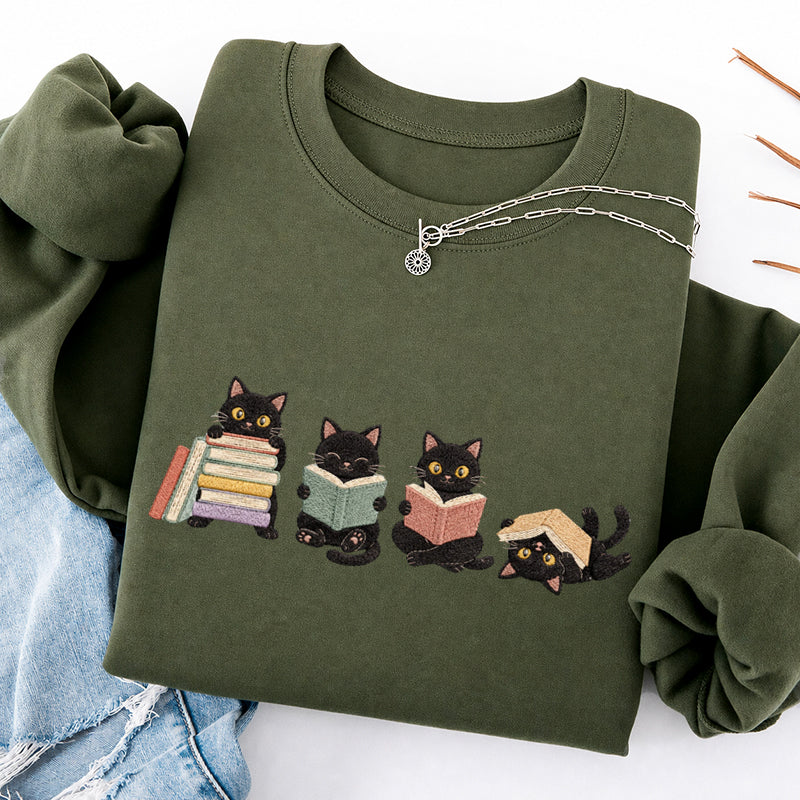Embroidered Cat Reading Classic Crewneck Sweatshirt