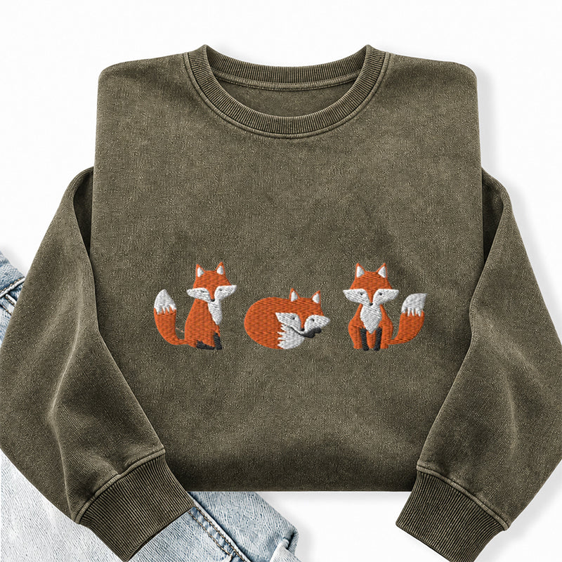 Embroidered Three Fox Washed Crewneck Sweatshirt
