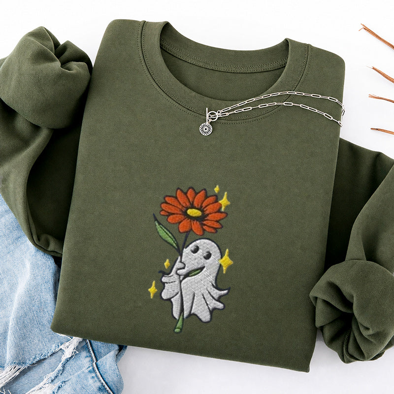 Embroidered Ghost Holding a Flower Classic Crewneck Sweatshirt