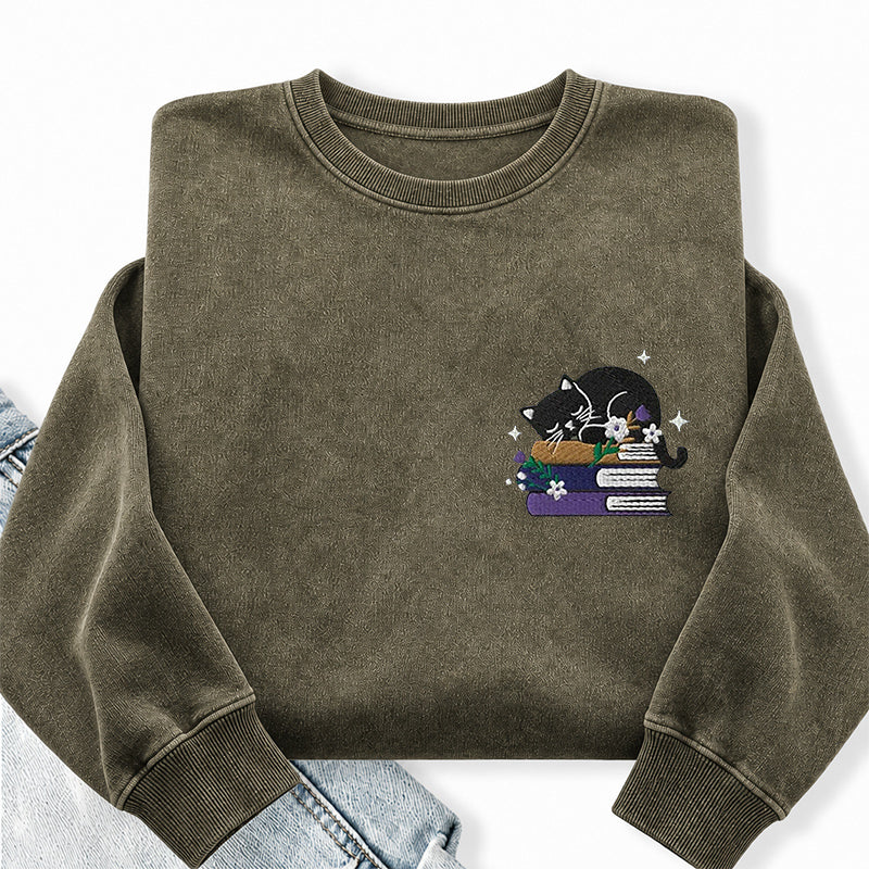 Embroidered Cat Book Washed Crewneck Sweatshirt