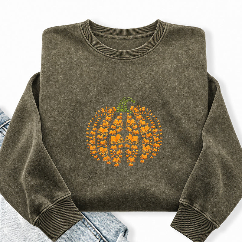 Embroidered Book Pumpkin Washed Crewneck Sweatshirt