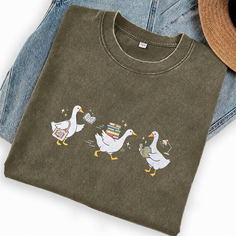 Embroidered Goose Reading Books Washed Crew Neck T-Shirt