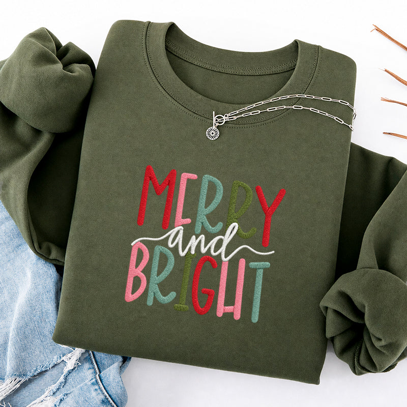 Embroidered Merry And Bright Christmas Classic Crewneck Sweatshirt