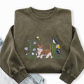 Embroidered Cat Wild Flower Washed Crewneck Sweatshirt
