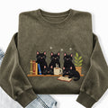 Embroidered Black Cat On Bookshelf Washed Crewneck Sweatshirt