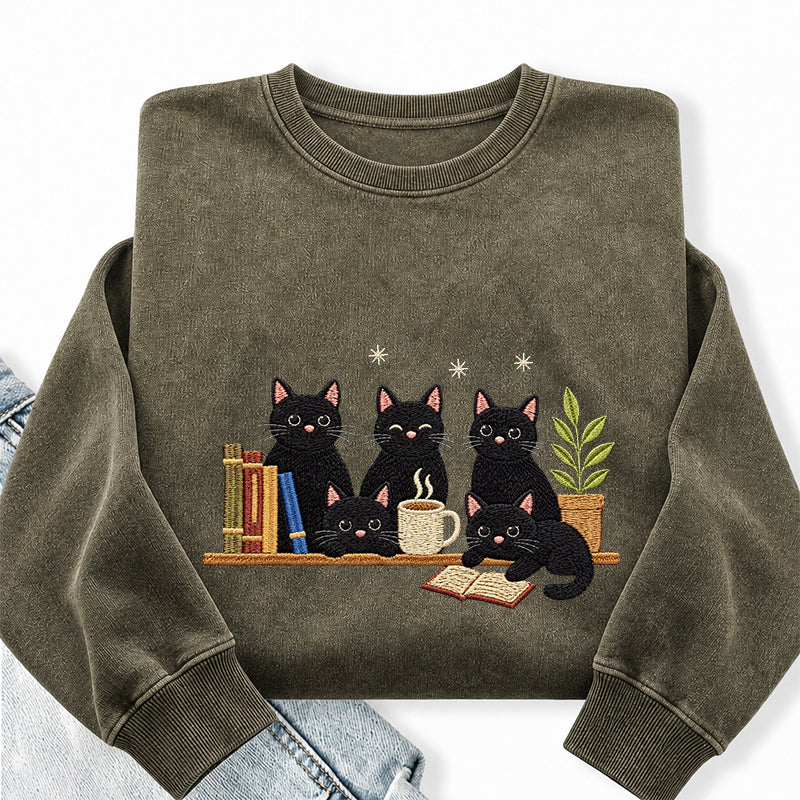 Embroidered Black Cat On Bookshelf Washed Crewneck Sweatshirt