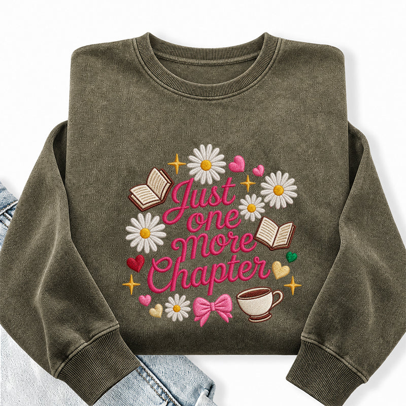 Embroidered Just One More Chapter Flower Washed Crewneck Sweatshirt