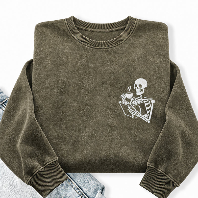Embroidered Skeleton Coffee And Books Washed Crewneck Sweatshirt