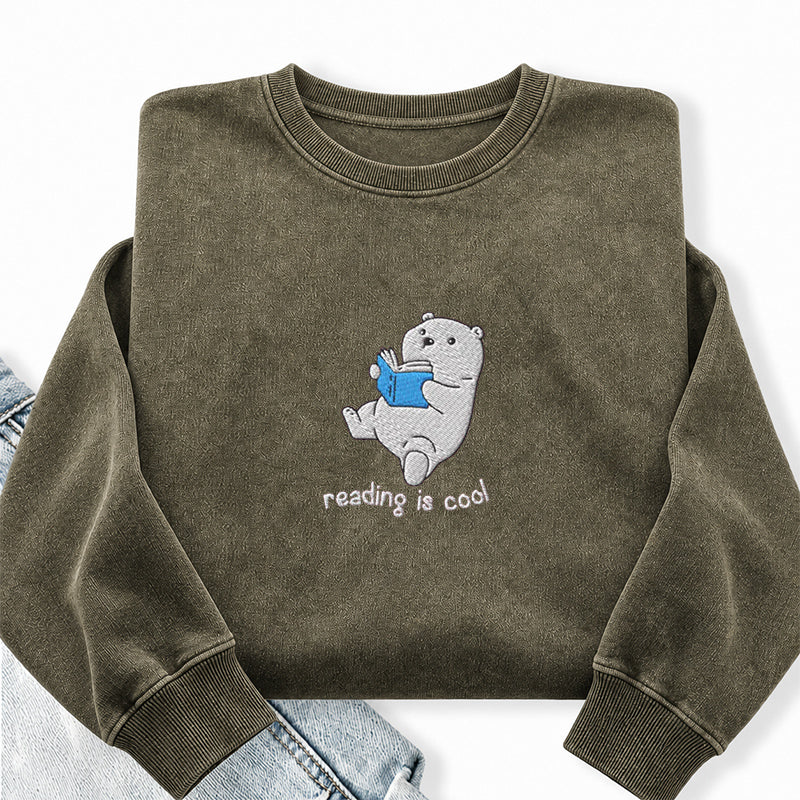 Embroidered Reading Is Cool Polar Bear Washed Crewneck Sweatshirt