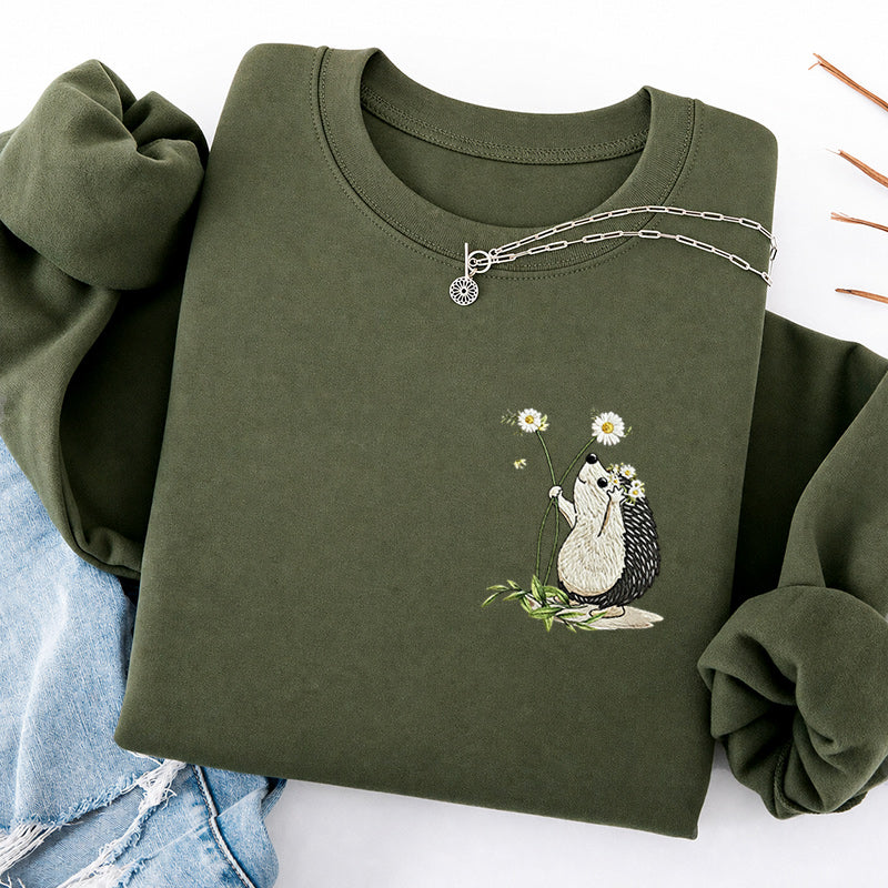 Embroidered Hedgehog Daisy Classic Crewneck Sweatshirt