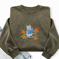 Embroidered Floral Bookish Cat Washed Crewneck Sweatshirt
