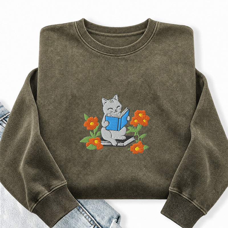 Embroidered Floral Bookish Cat Washed Crewneck Sweatshirt