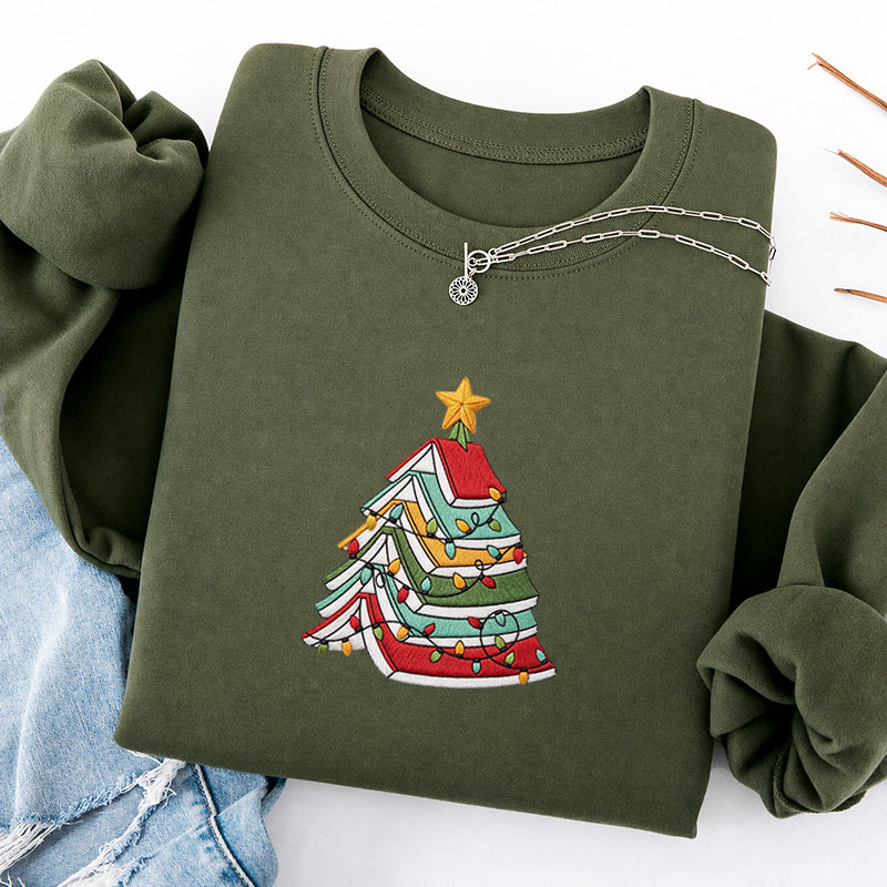 Embroidered Book Christmas Tree Classic Crewneck Sweatshirt