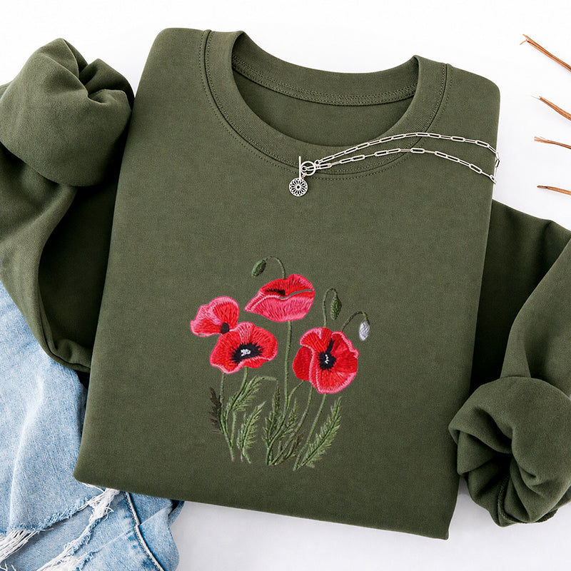 Embroidered Poppy Flower Classic Crewneck Sweatshirt
