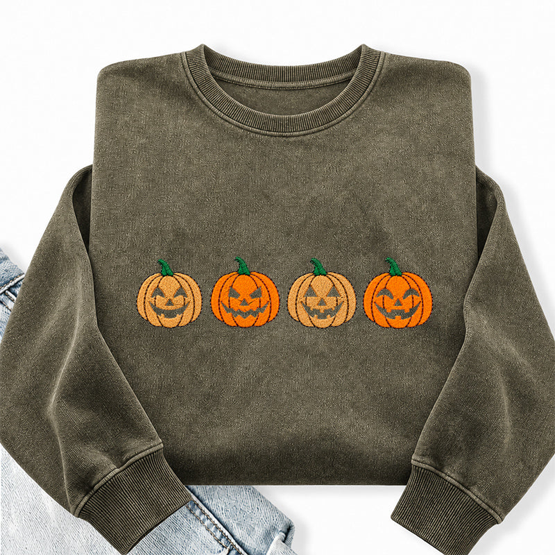 Embroidered Halloween Pumpkins Washed Crewneck Sweatshirt