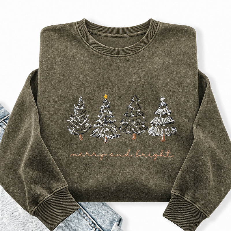 Embroidered Merry & Bright Christmas Tree Washed Crewneck Sweatshirt