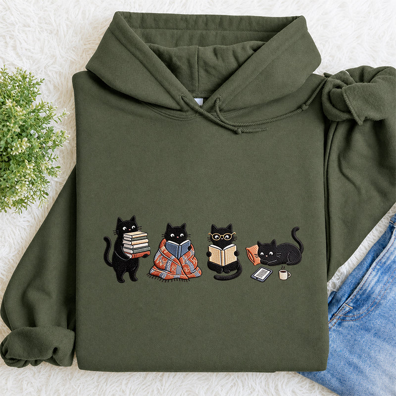 Embroidered Bookish Black Cats Classic Adult Unisex Hoodie