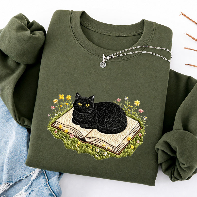 Embroidered Black Cat Book Classic Crewneck Sweatshirt
