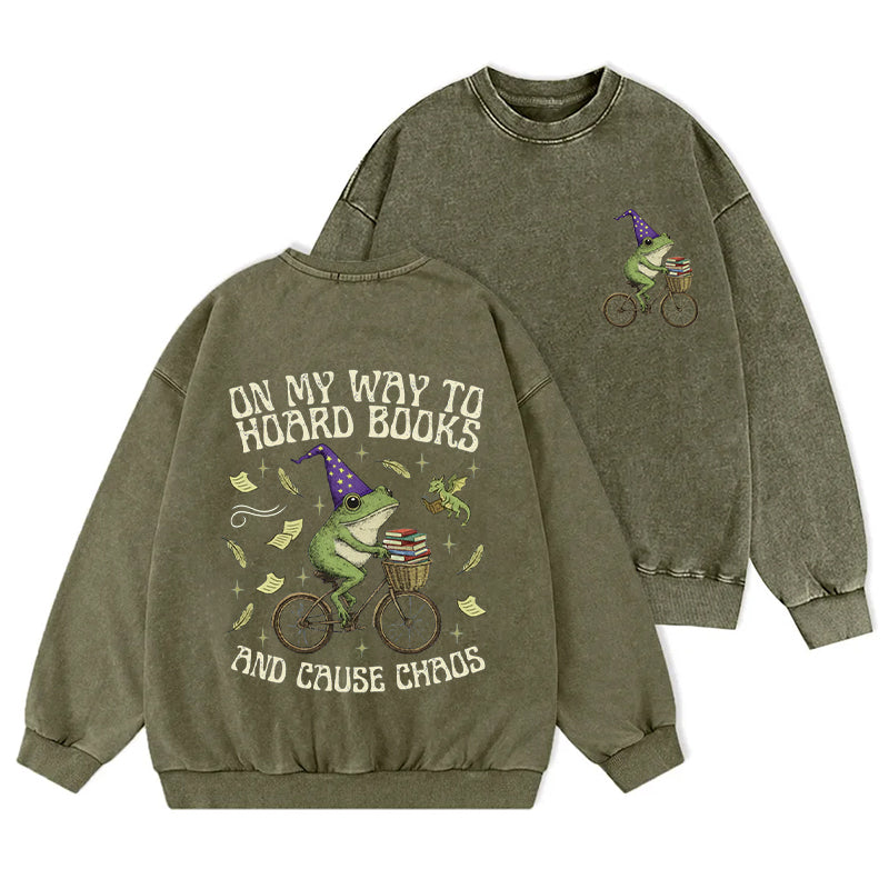 Off To Hoard Books Bookish Frog Washed Crewneck Sweatshirt