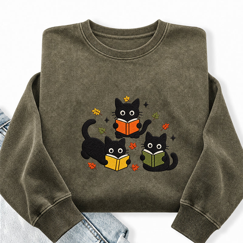 Embroidered Fall Black Cat Reading Books Washed Crewneck Sweatshirt